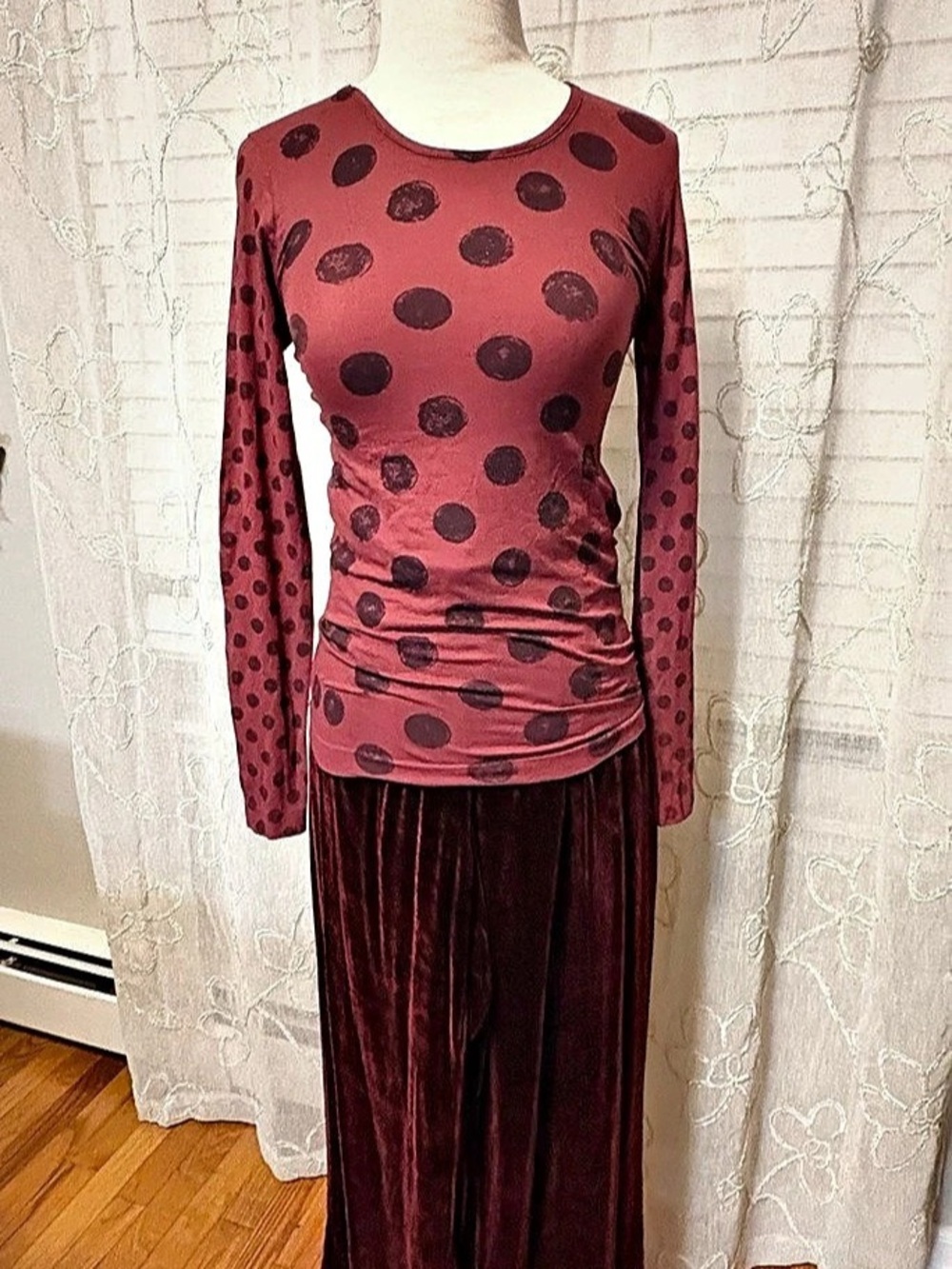 AMB Polka Dot Long Sleeve Top in Burgundy, One Size — GUC*